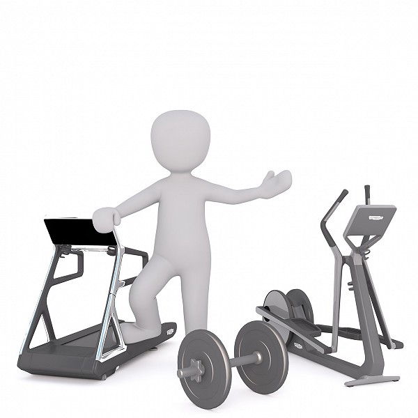 figure with treadmill, barbell, and elliptical machine