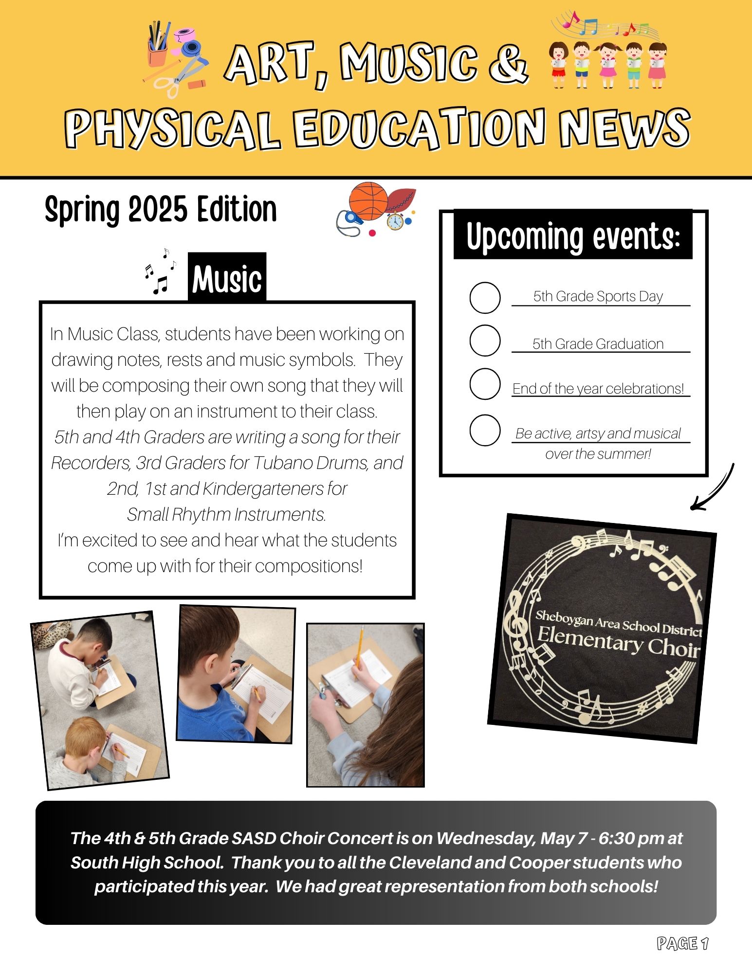 Art, music and phy ed spring newsletter