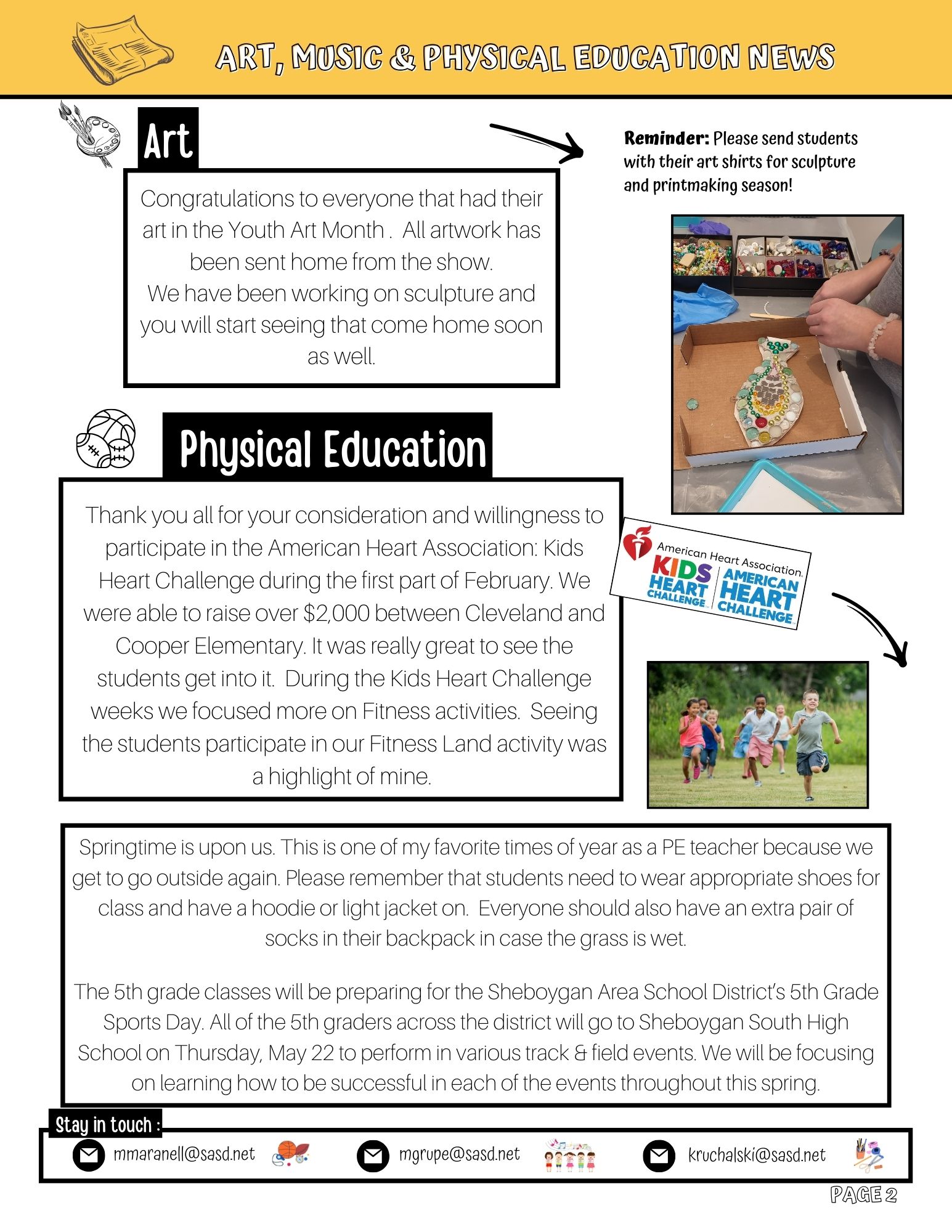 Cooper art, music phy ed newsletter