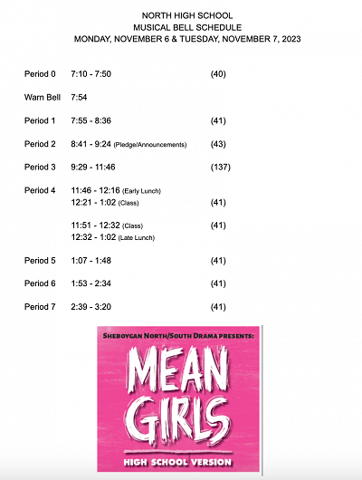 Special Schedule for Mean Girls - Nov 6 & 7