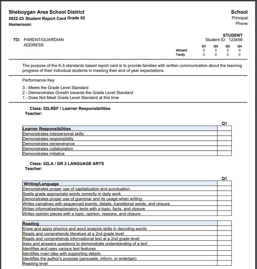 Sample Second Grade Report Card