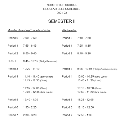 Semester II Bell Schedule