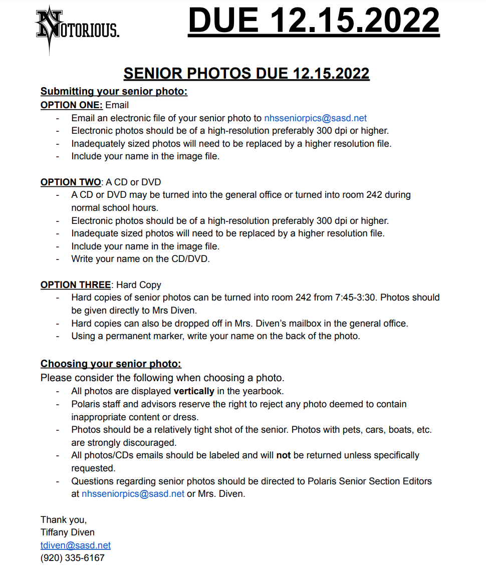 Sheboygan Area School District North High School. Photo of Senior Photo requirements.