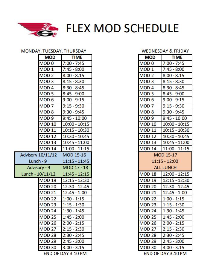 Flex Mod Schedule for the 2024-2025 school year