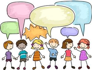 Illustrated children with speech bubbles
